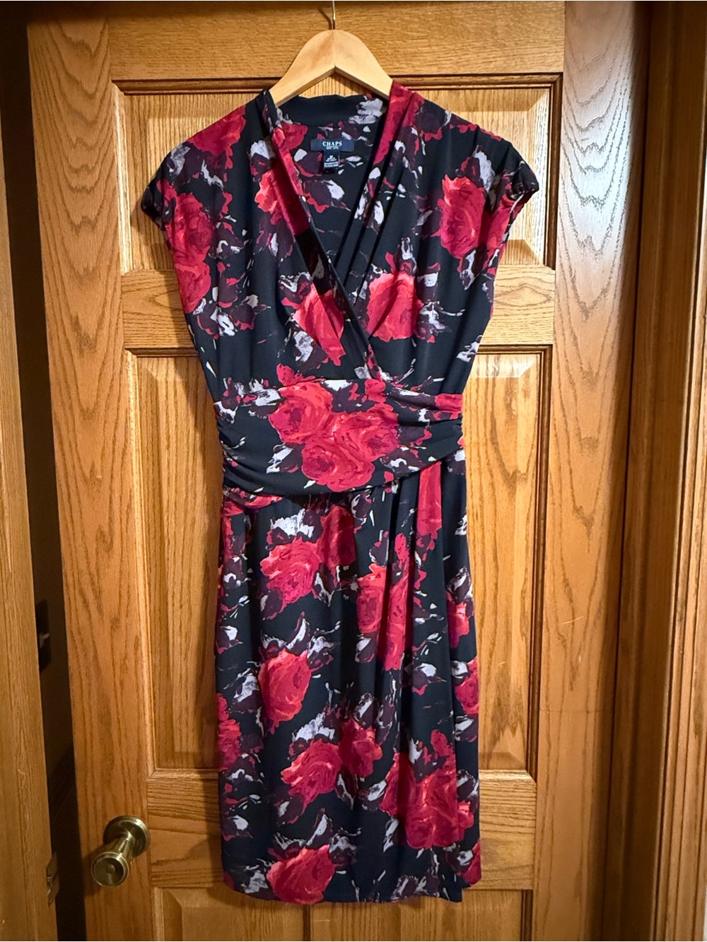 Chaps Black Dress with Red Rose Print - size medium